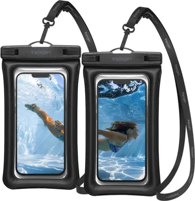 Two black waterproof phone pouches are shown, each containing a smartphone displaying an image of a person swimming underwater.