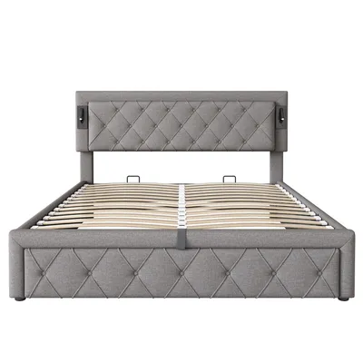 Obrázek produktu pro okwish boxspringová postel čalouněná postel 160 x 200 cm s Downlight a USB portem, hydraulická postel s úložným prostorem a laťovým roštem, len, šedá (bez matrace)