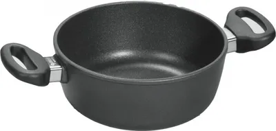 A black pot with two handles on a white background.