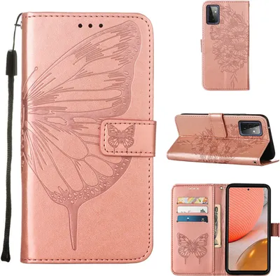 Produktbild von Galaxy A72 4G Hülle, Schmetterling Prägung Flip Leder Kartenfächer Schutzhülle Ledertasche mit Ständer für Samsung Galaxy A72 4G / 5G Roségold