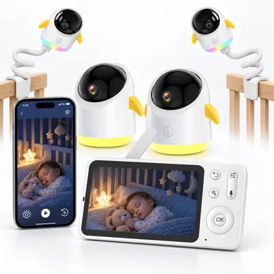 Produktbild von 2K 3MP Babyphone mit 2 Kameras 5 Zoll Baby Monitor WLAN mit App Split Screen 360° PTZ Nachtsicht Bewegungs mit 2 babyphone halterungen
