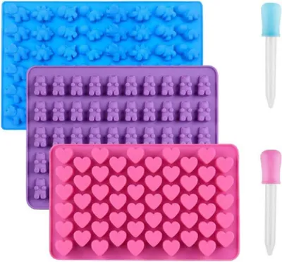 Produktbild von 3er Set Mini Silikon Schokoladenformen Gummibärchen Herz Dinosaurier mit Antihaftbeschichtung und 2 Pipetten