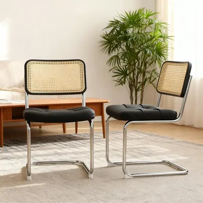 Produktbild von 2er Set Kunstleder Esszimmerstühle Chrombeine Mid-Century Design für Küche Wohnraum Schwarz