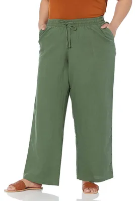 Produktbild von Amazon Essentials Damen Hose aus Leinenmischung, Kordelzug mit Kordelzug und weitem Bein (Erhältlich in Übergröße), Militärgrün, 3XL Große Größen