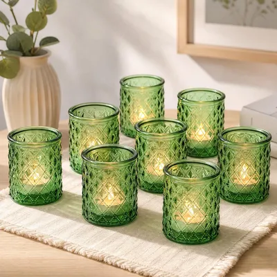 12 grüne Glas-Teelichthalter mit Diamantmuster
