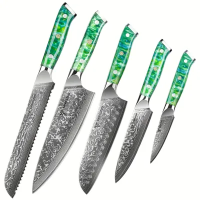Image de Ensemble de couteaux - Set de couteaux - Couteaux de cuisine - Ensemble de couteaux - Couteaux professionnels - Vert - Acier japonais VG-10