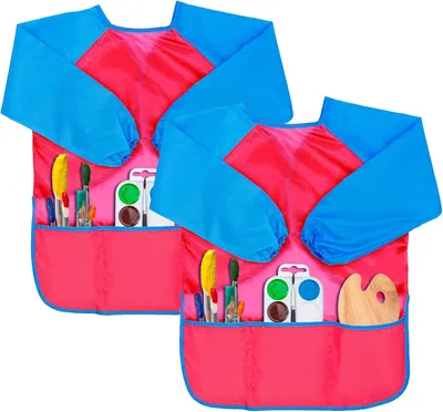 Produktbild von Schürzen für Kinder, 2 Stück, Kinderschürzen zum Malen, geeignet für Kinder im Alter von 7-10 Jahren, wasserdichte Kinderschürze mit Ärmeln und 3 Taschen