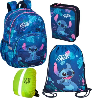 Produktbild von Goldkids - Rucksack für Jungen und Mädchen, 4er-Set - Schul-Rucksack für Kinder mit Federmäppchen - Schuhbeutel und Regenschutz - Stitch Motiv