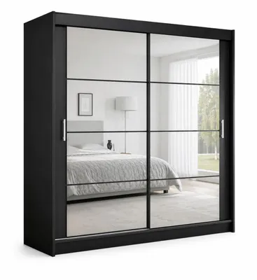 Produktbild von Schwebetürenschrank DAKOTA 160 cm mit Spiegel auf beiden Türen, Kleiderschrank mit Schiebetüren, Schlafzimmerschrank, großer Stauraum (Schwarz)