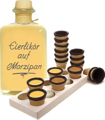 Produktbild von Eierlikör auf Marzipan 0,5L mit Waffelbechern & Becherhalter sämig & süffig 20% Vol.