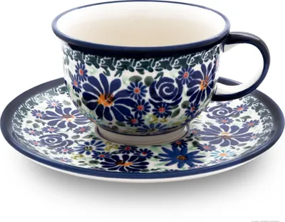 Produktbild von Original Bunzlauer Keramik Kaffeetasse Teetasse Ø10 cm klassisch 200 ml mit Unterschale Ø16 cm im Design DU126