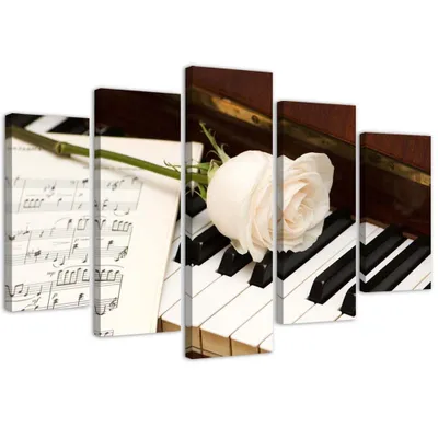 Produktbild von 5-teiliges leinwandbild rose auf klavier 150x100 cm Feeby grau wandbild bereit zum aufhängen