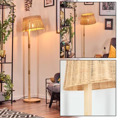 Produktbild von Dello Stehlampe mit Holzfuß und Schirm aus Rattan