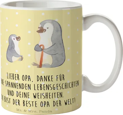 Produktbild von Mr. & Mrs. Panda Kaffeetasse Pinguin Opa Enkel - Gelb Pastell - Geschenk, Keramiktasse, Muttertag, haferl, Opi, Weise, Großvater, Kaffeebecher, Tasse, Teetasse
