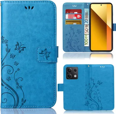 A collage of images showing a blue flip phone case with a floral and butterfly design, including views of the case open with cards and a phone, and closed.