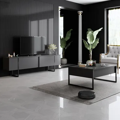Produktbild von skye-decor Wohnzimmermöbel-Set Luxe, Anthrazit und Schwarz, TV-Ständer B180xH47xT30 cm, Couchtisch B90xH40xT39 cm, 18 mm melaminbeschichtete Spanplatte, 15 cm PVC-Beine, Modern, Türkei