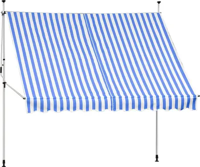 A striped awning with blue and white stripes, supported by metal poles.