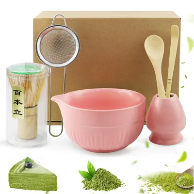 Produktbild von Matcha Set 6-teilig Keramikschale Bambusbesen Messlöffel Sieb Besenhalter Rosa