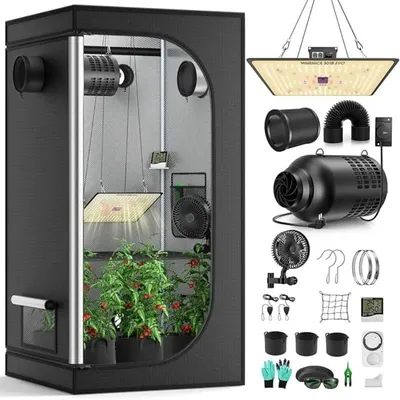 Produktbild von Grow-Zelt - Komplettes Anzuchtset - 61 x 61 x 140 cm - Dimmbare LED-Pflanzenlampe - Clip-Ventilator mit Aktivkohlefilter - Vollspektrum - Schwarz