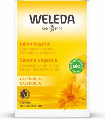 A product shot of Weleda Calendula soap packaging with floral imagery.