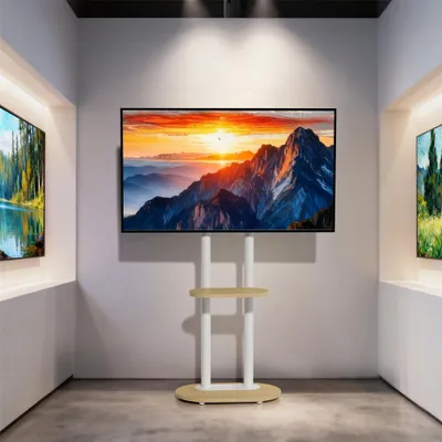 Image de WISFOR Pied de TV réglable en hauteur, support TV à roulettes, support TV au sol avec 2 étagères pour 40-75 pouces, VESA 600x400mm, jusqu'à max 60kg