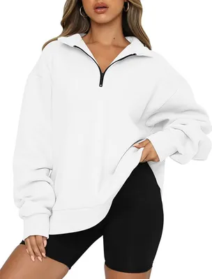 Produktbild von ASKSA Damen Sweatshirts 1/4 Reißverschluss Pullover Langarm Oversized Tunika Oberteil Tops, Weiß, L