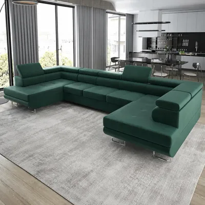 Produktbild von GOLDSTOFF ASTON U-Sofa mit Schlaffunktion und Bettkasten XXL | Ecksofa U-Form mit Komfort-Polsterung | Schlafsofa mit Stauraum (Dunkel Grün)