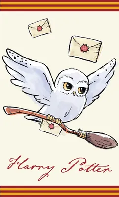 An illustration of a snowy owl flying with letters and a broomstick, with the text 'Harry Potter' below.