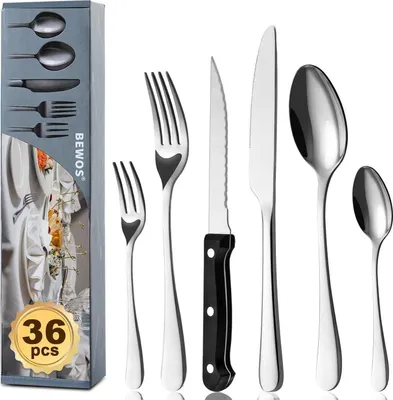 Zdjęcie produktu dla 36-częściowy zestaw sztućców z nożami do steków dla 6 osób Zestaw sztućców ze stali nierdzewnej do domu i kuchni Wysokiej jakości zestaw sztućców nóż-łyżka-widelec Można myć w zmywarce