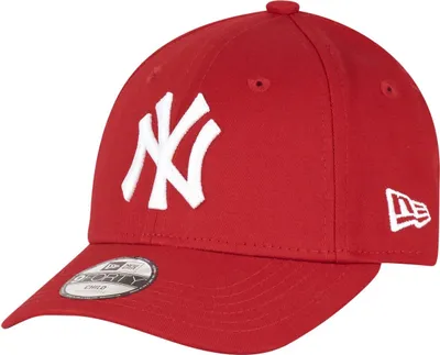 A red New Era baseball cap with a white New York Yankees logo.