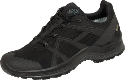 A black athletic shoe is shown against a white background.