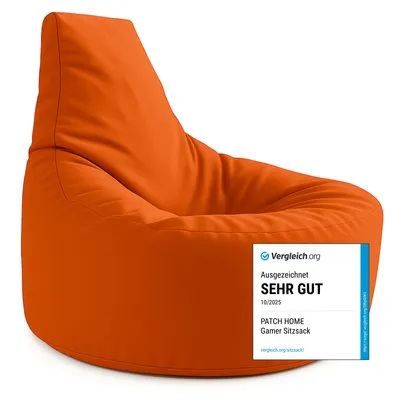 An orange beanbag chair with a review badge on its side.