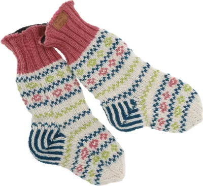 Produktbild von Handgestrickte Gefütterte Schafwollsocken, Bunte Haussocken, Hüttensocken, Nepal Socken - Weiß/bunt, Uni, Wolle, Socken & Beinstulpen