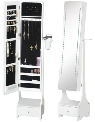 Productafbeelding van HOMCOM LED sieradenkast 2-in-1: spiegelkast met lade, MDF, wit