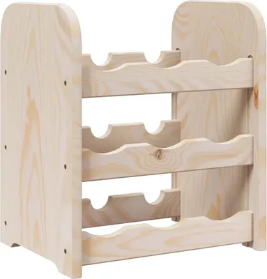 A wooden wine rack with three shelves, each holding two bottles.