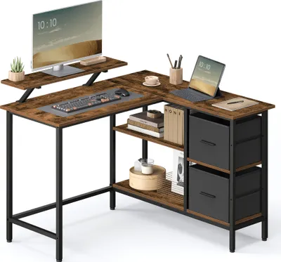 Produktbild von VASAGLE L-förmige Schreibtisch Eckschreibtisch Computertisch mit Schubladen 115cm Vintage