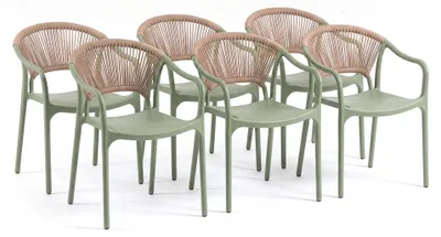 Produktbild von 6er-Set stapelbare Stühle aus Polypropylen mit Rückenlehne aus geflochtenem Seil und Armlehnen, für Garten, Terrasse, Bars und Restaurants – Jennifer Salbeigrün