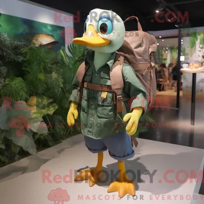 Immagine prodotto di Personaggio mascotte REDBROKOLY Forest Green Gosling vestito con pantaloncini di jeans e zaini