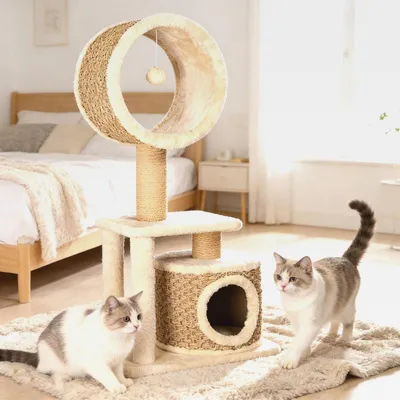 Produktbild von Kratzbaum für Katzen, 95 cm Katzenbaum mit Handgewebter Seegrasseil-Rundröhre & Versteckhöhle, Kletterbaum mit Sisalpappel-Kratzsäulen, Stabiler Katzenaktivitätsbaum für Innenräume