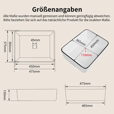 Imagen del producto de Lavabo rectangular, de porcelana, 48 x 38 cm, para baño
