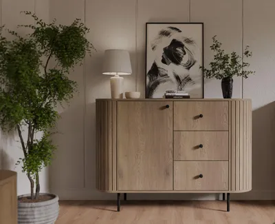 Produktbild von Ovalio Sideboard Typ 813 Kommode 123 cm Wohnzimmer Esszimmer Anrichte Modern Farbwahl Sandbeige, Cremona-Eiche und Dunin-Eiche