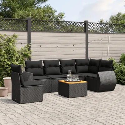 Produktbild von Design 7-tlg. Garten-Sofagarnitur mit Kissen Schwarz Poly Rattan, Gartenmöbel-Sets 2024 Neu