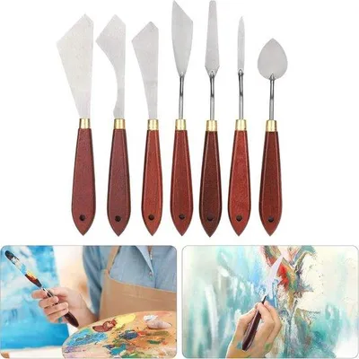 Produktbild von Famanu Paletten Spachtel Set - 7-teilig - Edelstahl Künstlerwerkzeug für Öl- und Acrylmalerei