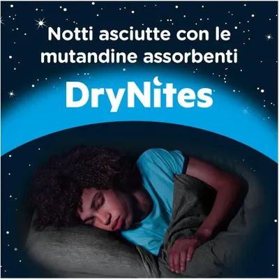 A child sleeping peacefully in bed, covered by a blanket, with a starry night sky and the brand logo in the background.