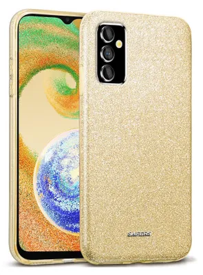 A gold glitter phone case is shown next to a phone with a colorful wallpaper.