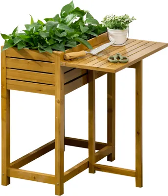 Produktbild von Outsunny Hochbeet Blumenkasten Pflanzkasten mit klappbarer Tischplatte, Kräuterbeet mit Innenverkleidung aus Vlies, für Garten, Terrasse, Holz, Braun, 64 x 63 x 74,5 cm