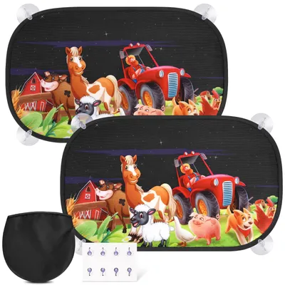Image de Lot de 2 pare-soleil pour voiture pour bébés avec protection UV, 51 x 31 cm, pare-soleil pour vitres de voiture pour enfants, 8 ventouses, motif « la ferme »