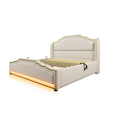 Produktbild von Polsterbett mit hydraulischem Stauraum LED-Beleuchtung und USB-C-Ladeanschluss Doppelbett Erwachsenenbett 140x200cm Beige