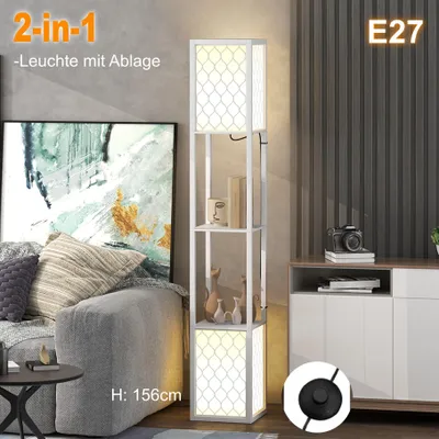 Produktbild von Moderne Stehleuchte mit 2 Ablagen & Regalen – Säulen-Standleuchte Weiß, 156 cm | Design-Leseleuchte & Dekolampe für Wohnzimmer & Schlafzimmer, E27