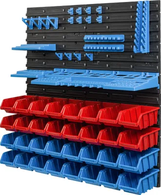 A wall-mounted storage system with multiple shelves and bins.